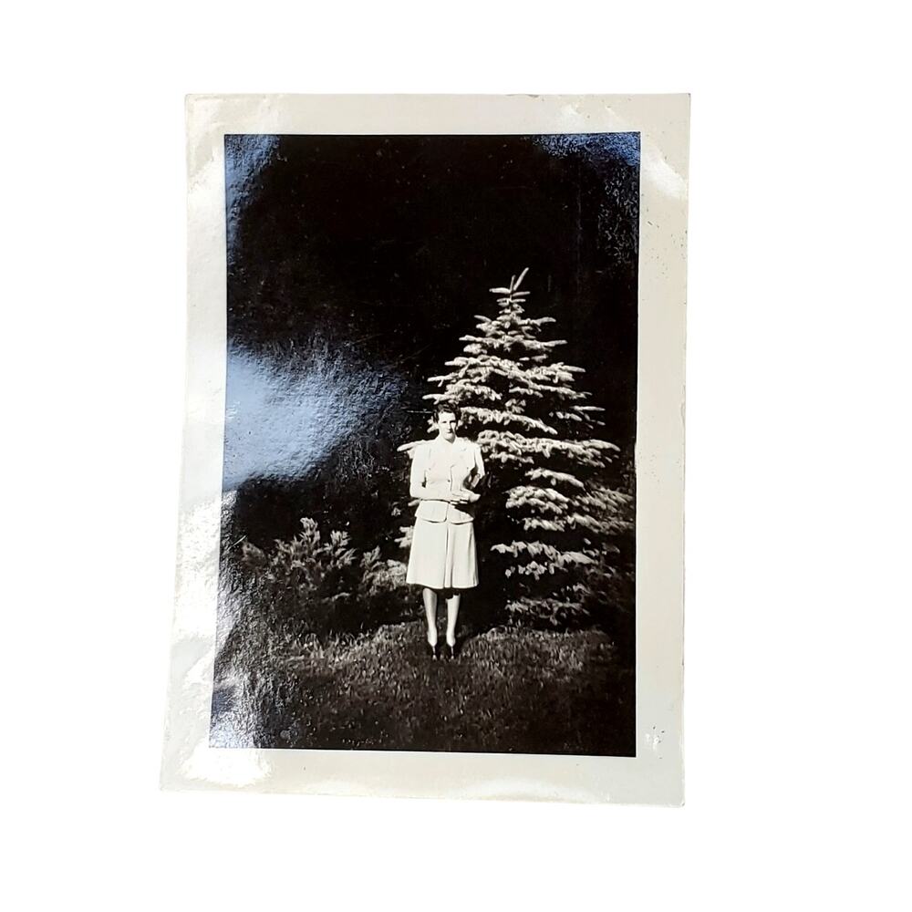 Vtg Lady Posing Near Tree at Night Original Monochrome Photography Found
